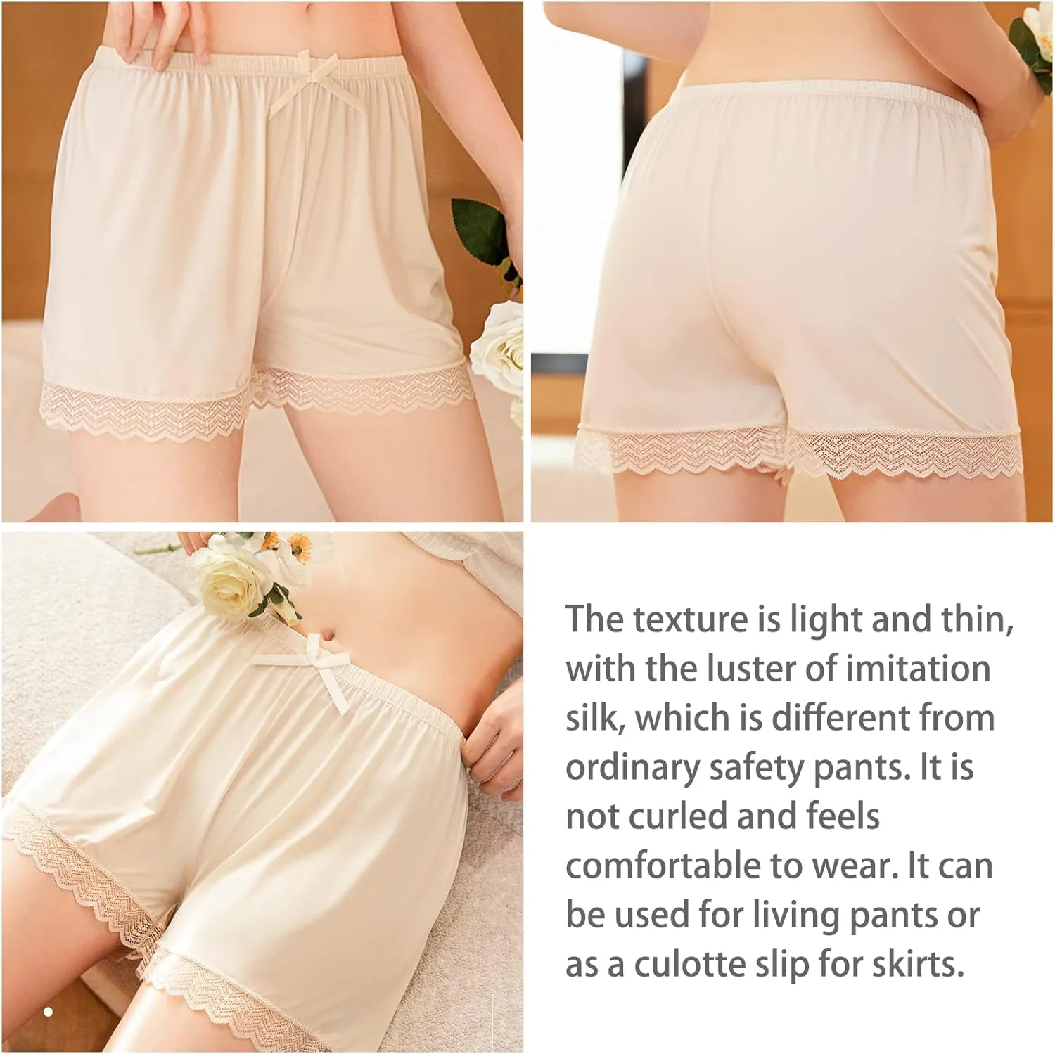 3 Pcs Women Slip Shorts Bow Lace Satin Shorts Pettipants for Women Culottes Under Dresses Half Slips Under Dresses