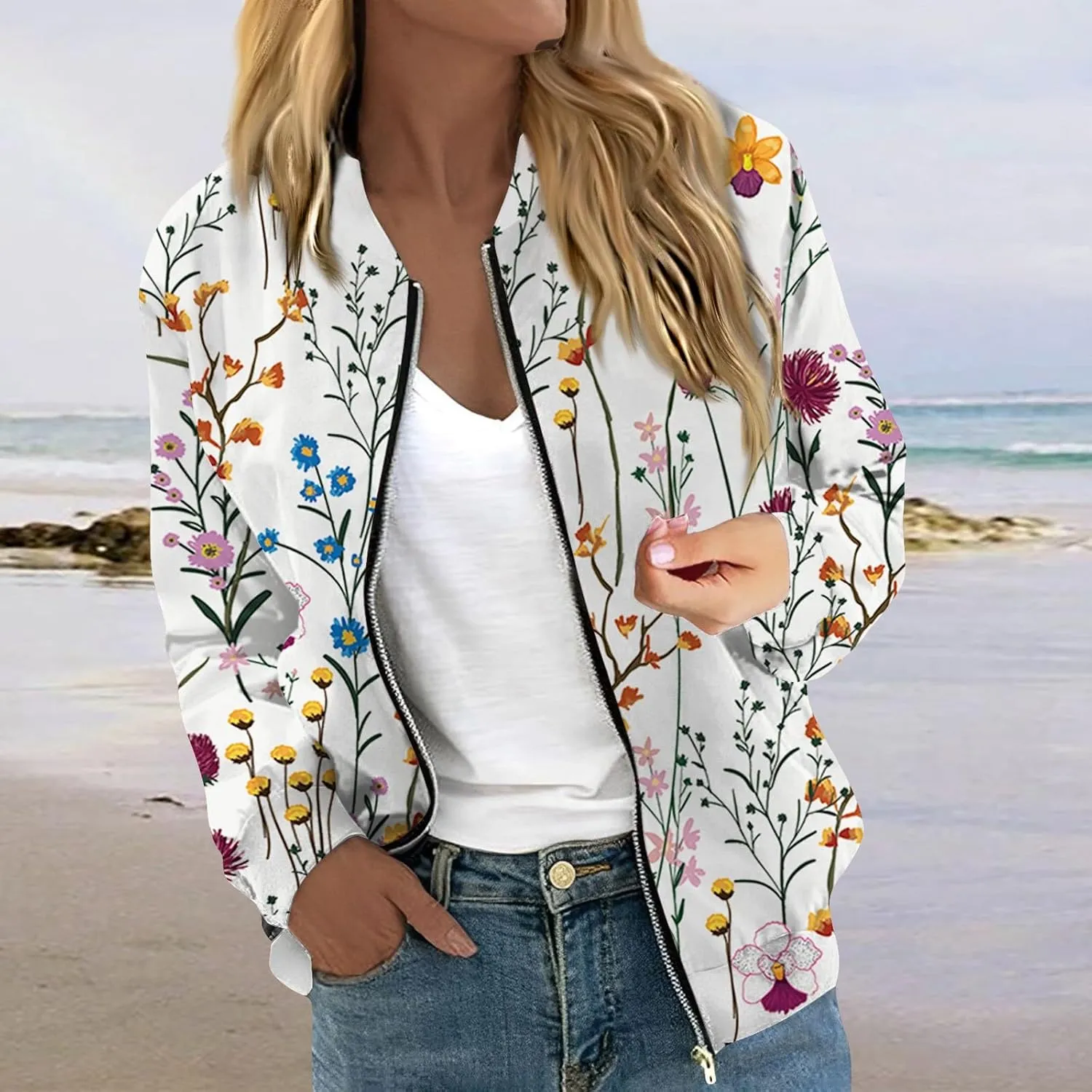 Bomber Jacket Gifts for Women Fashion Floral Pattern Coat Lightweight Zip Up Outwears Fall Winter Heated Jacket