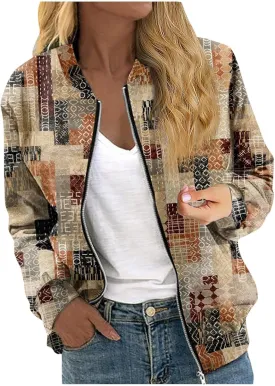 Bomber Jacket Women Lightweight Comfy Coats Casual Zip Up Windproof Windbreaker Floral Pattern Fashion Outerwears