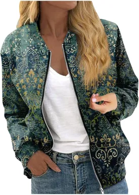 Bomber Jacket Women Lightweight Comfy Coats Casual Zip Up Windproof Windbreaker Floral Pattern Fashion Outerwears