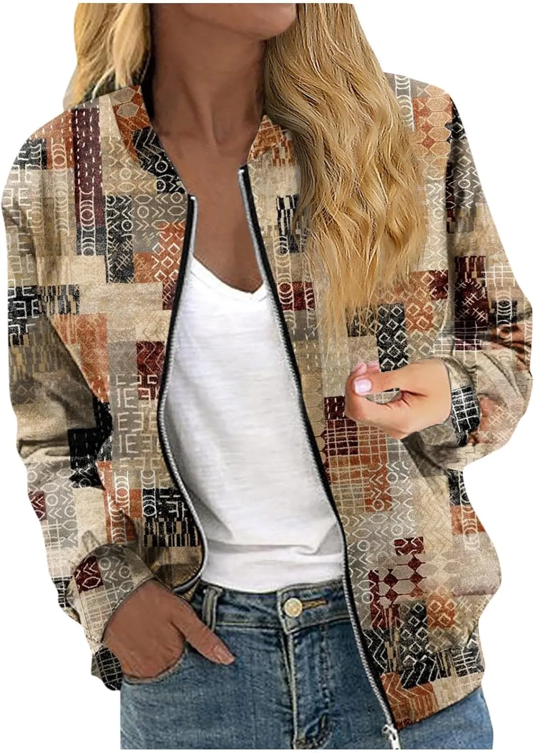 Bomber Jacket Women Lightweight Comfy Coats Casual Zip Up Windproof Windbreaker Floral Pattern Fashion Outerwears