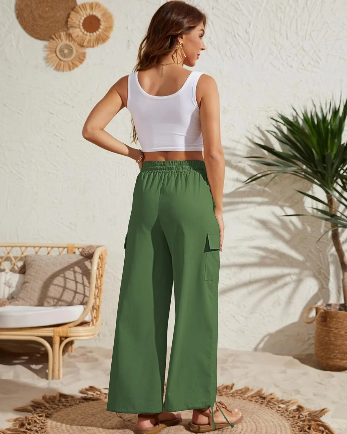 Bsubseach 2025 Linen Cargo Capri Pants Women Beach Wide Leg Drawstring Palazzo High Waist Boho Flowy Outfits with Pockets