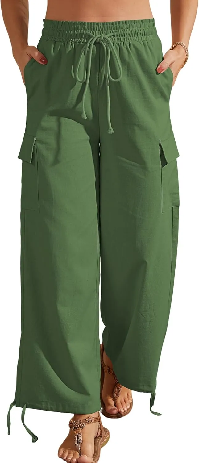 Bsubseach 2025 Linen Cargo Capri Pants Women Beach Wide Leg Drawstring Palazzo High Waist Boho Flowy Outfits with Pockets