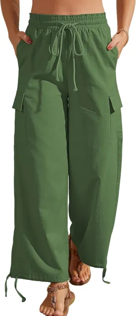 Bsubseach 2025 Linen Cargo Capri Pants Women Beach Wide Leg Drawstring Palazzo High Waist Boho Flowy Outfits with Pockets
