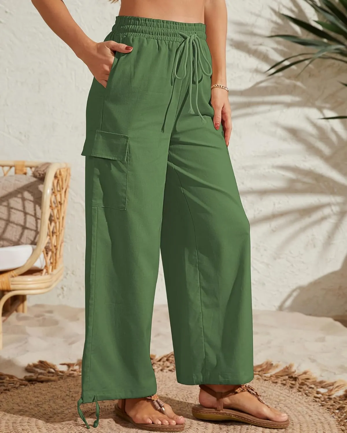 Bsubseach 2025 Linen Cargo Capri Pants Women Beach Wide Leg Drawstring Palazzo High Waist Boho Flowy Outfits with Pockets