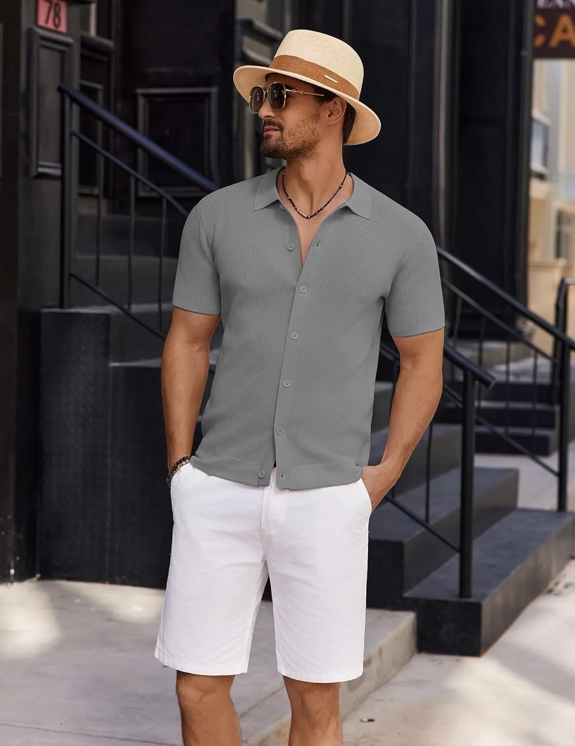 COOFANDY Men's Vintage Knit Shirt Short Sleeve Button Down Polo Shirts for Summer Casual & Vacation