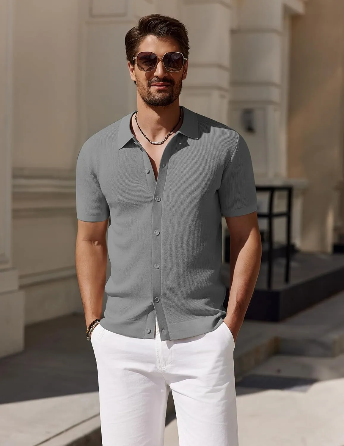 COOFANDY Men's Vintage Knit Shirt Short Sleeve Button Down Polo Shirts for Summer Casual & Vacation