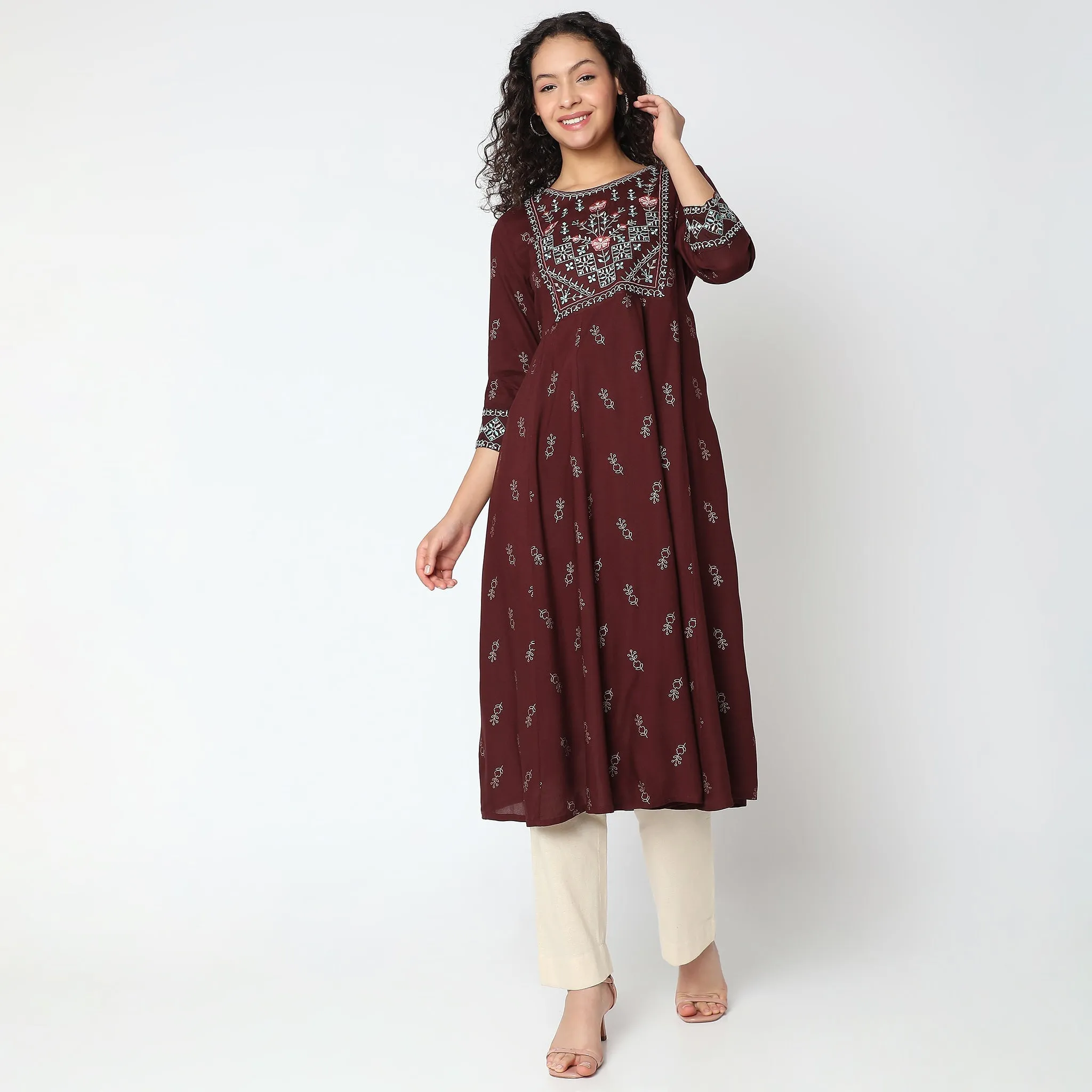 Flare Fit Embroidered Kurta