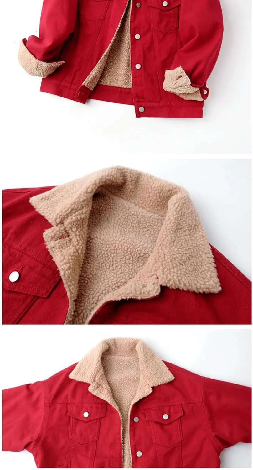 Fleece Denim Jackets for Women Winter Warm Sherpa Lined Jean Coat Tops Casual Long Sleeve Thicken Plush Jacket