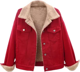 Fleece Denim Jackets for Women Winter Warm Sherpa Lined Jean Coat Tops Casual Long Sleeve Thicken Plush Jacket