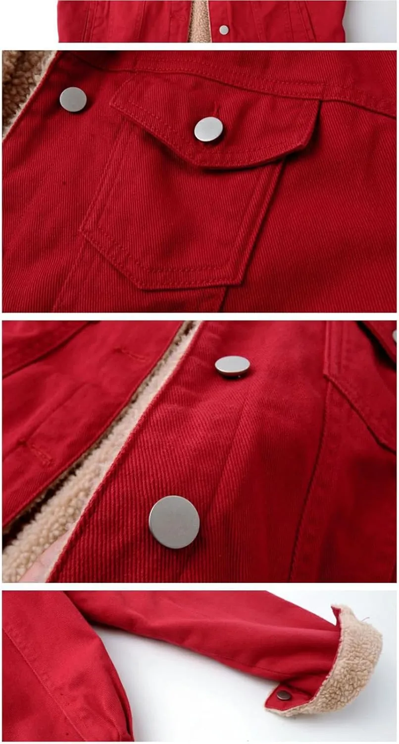 Fleece Denim Jackets for Women Winter Warm Sherpa Lined Jean Coat Tops Casual Long Sleeve Thicken Plush Jacket
