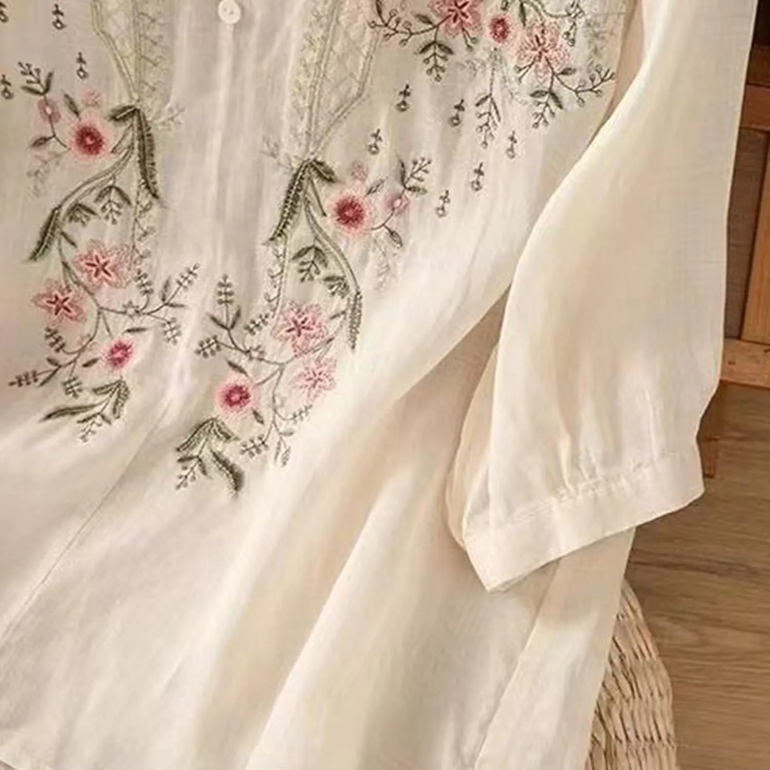 Floral Embroidered Tops for Women Cotton Linen Shirts Boho Ethnic Style Peasant 3/4 Sleeve V Neck Button Tunic Tshirt