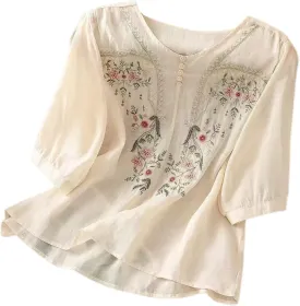 Floral Embroidered Tops for Women Cotton Linen Shirts Boho Ethnic Style Peasant 3/4 Sleeve V Neck Button Tunic Tshirt