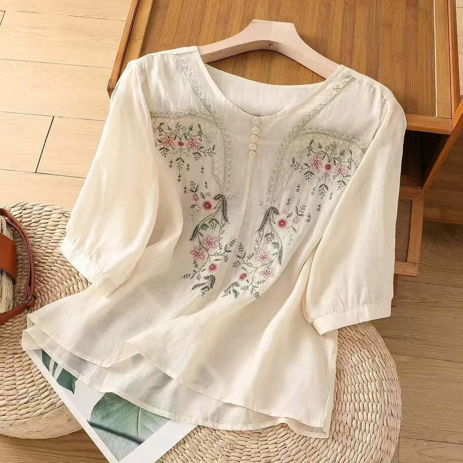 Floral Embroidered Tops for Women Cotton Linen Shirts Boho Ethnic Style Peasant 3/4 Sleeve V Neck Button Tunic Tshirt