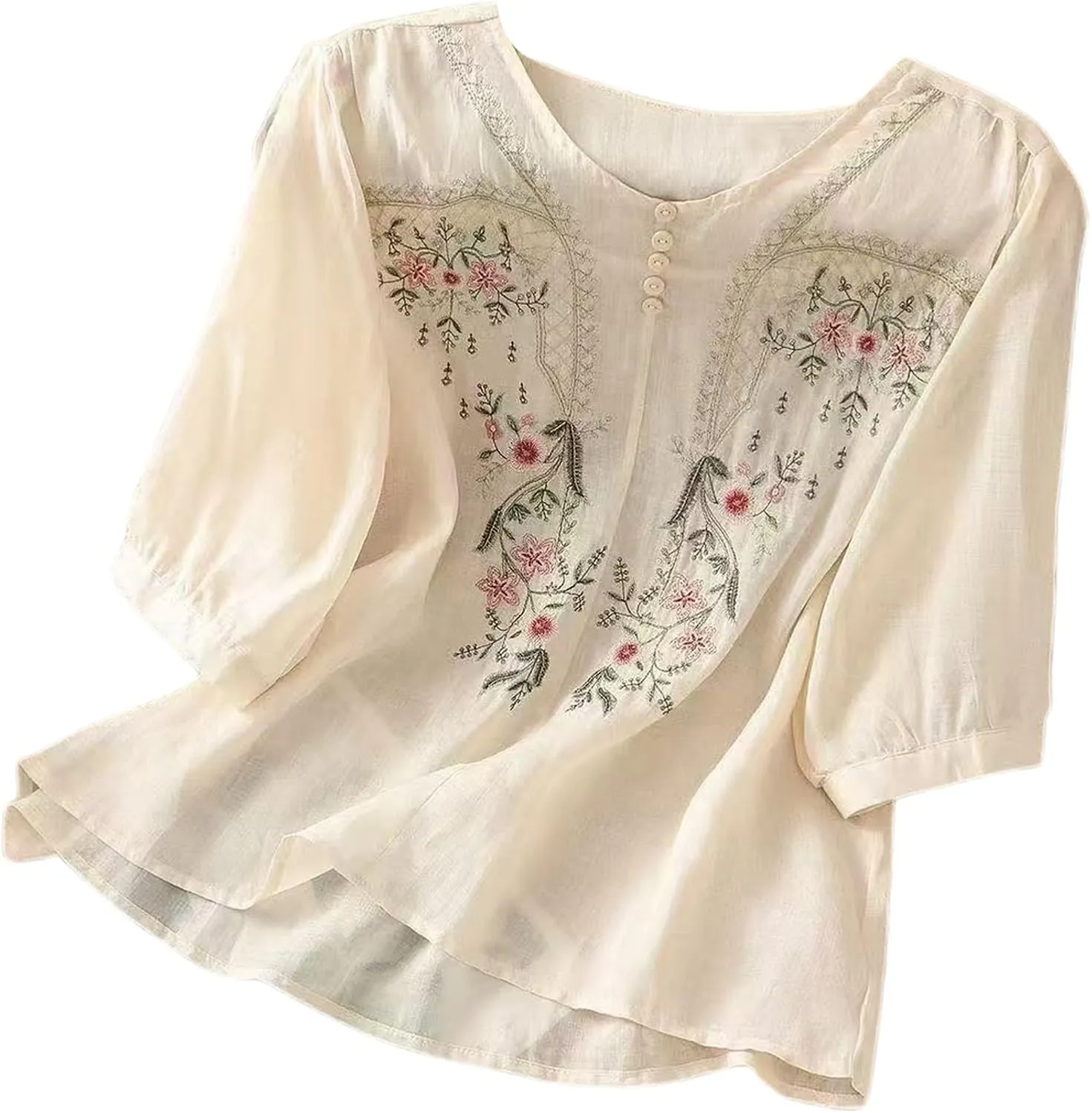 Floral Embroidered Tops for Women Cotton Linen Shirts Boho Ethnic Style Peasant 3/4 Sleeve V Neck Button Tunic Tshirt