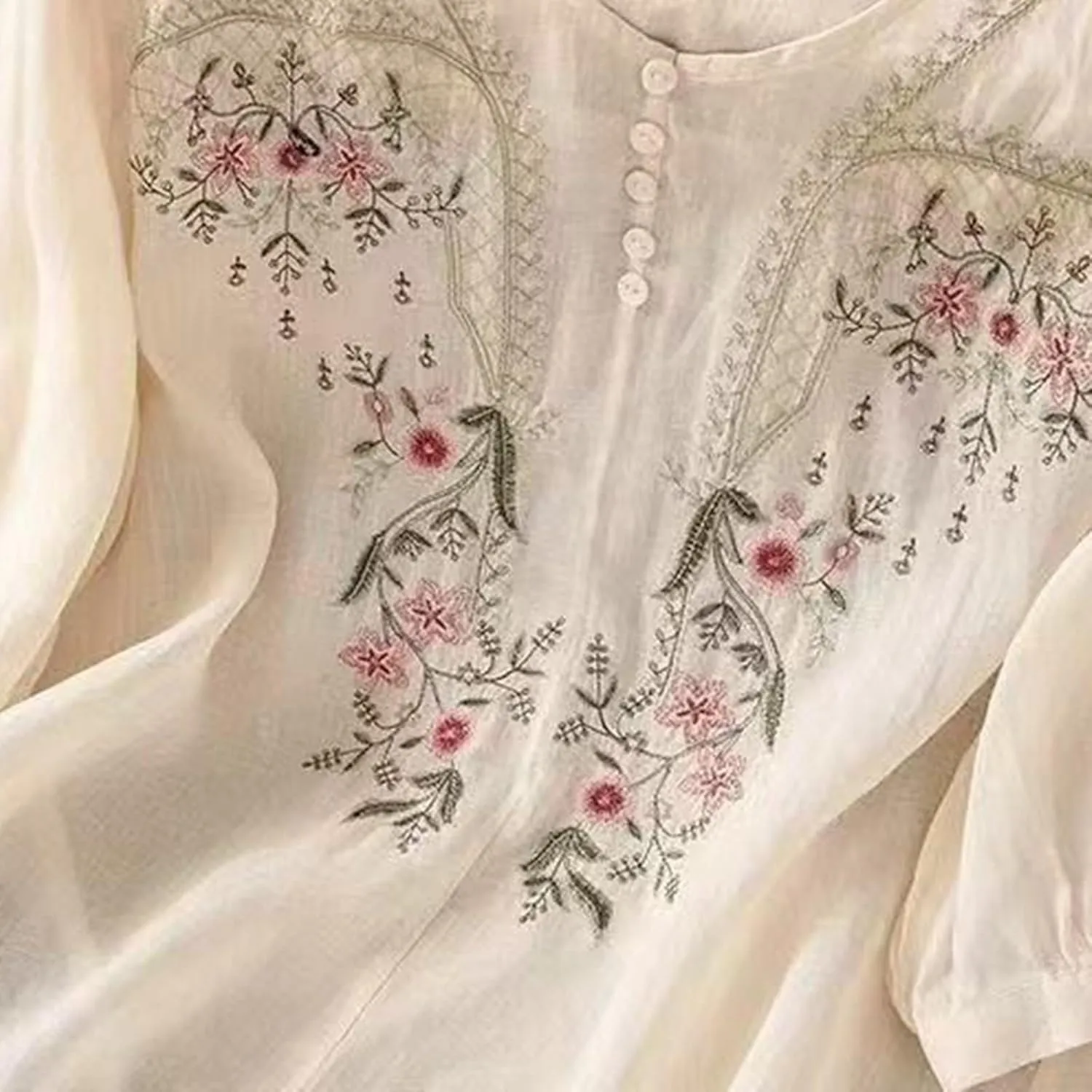 Floral Embroidered Tops for Women Cotton Linen Shirts Boho Ethnic Style Peasant 3/4 Sleeve V Neck Button Tunic Tshirt