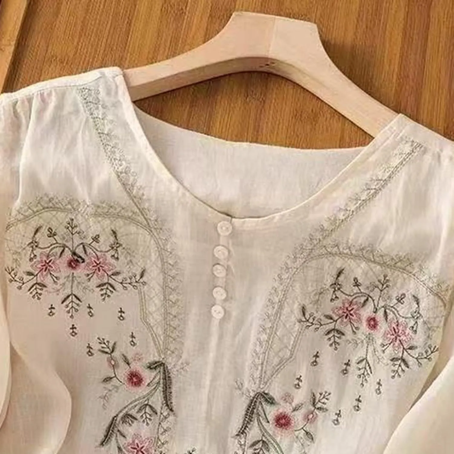 Floral Embroidered Tops for Women Cotton Linen Shirts Boho Ethnic Style Peasant 3/4 Sleeve V Neck Button Tunic Tshirt