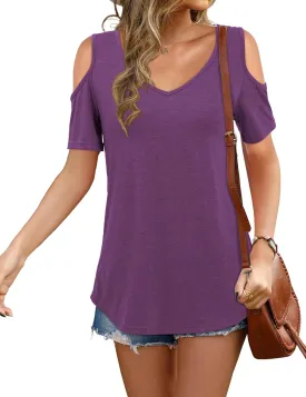 Florboom Womens Cold Shoulder Tops Summer Short/Long Sleeve V Neck T Shirts Basic Blouse