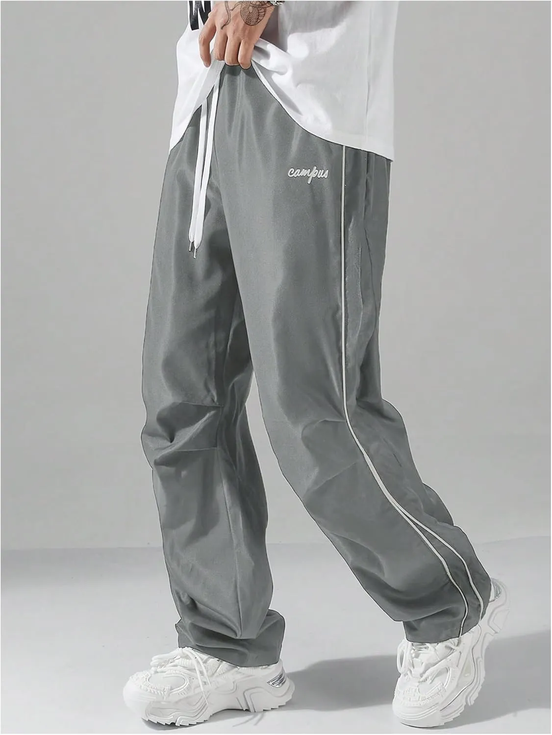 GORGLITTER Men's Lightweight Baggy Sweatpants Contrast Trim Letter Graphic Open Bottom Athletic Pants with Pockets