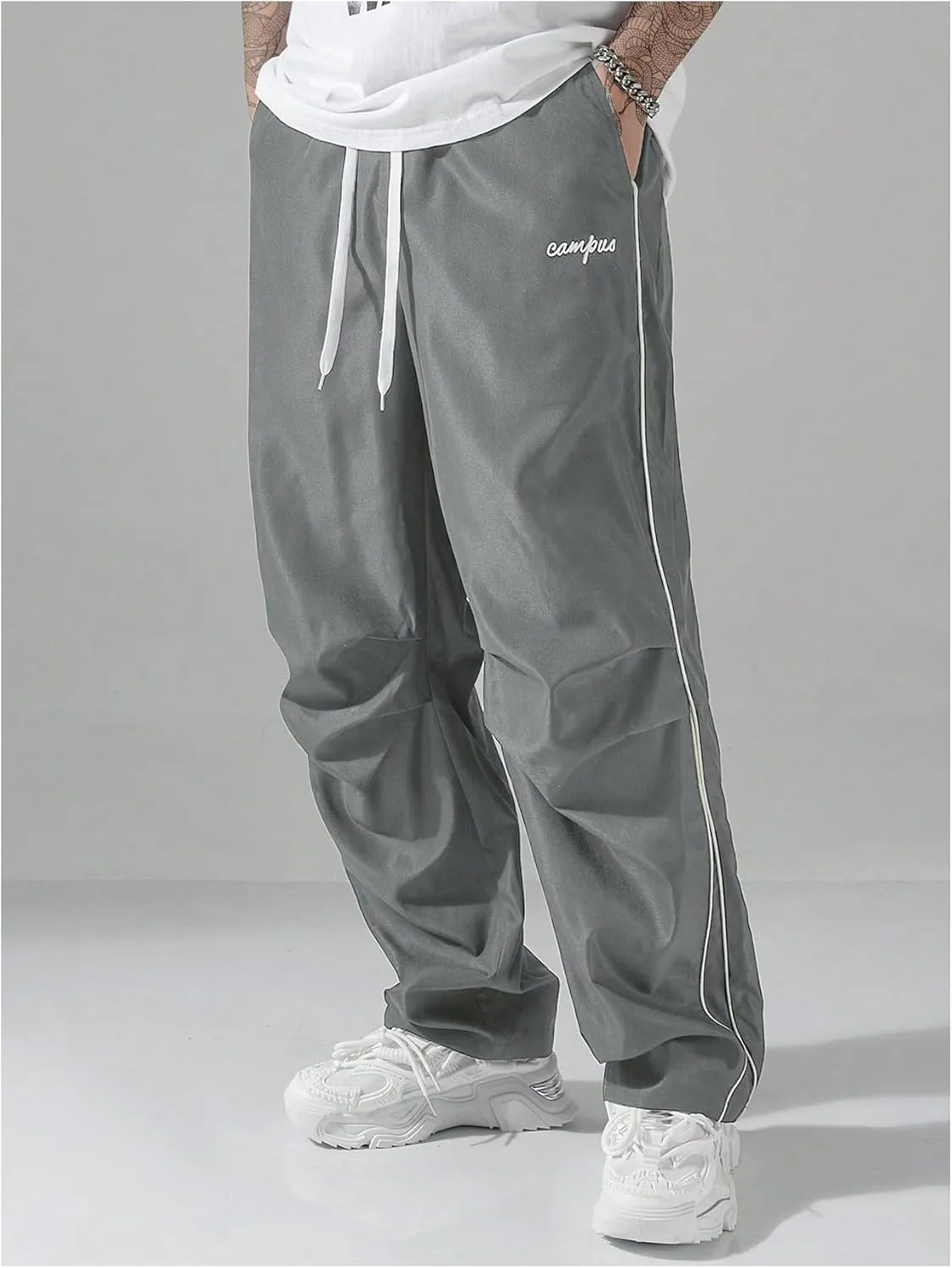 GORGLITTER Men's Lightweight Baggy Sweatpants Contrast Trim Letter Graphic Open Bottom Athletic Pants with Pockets