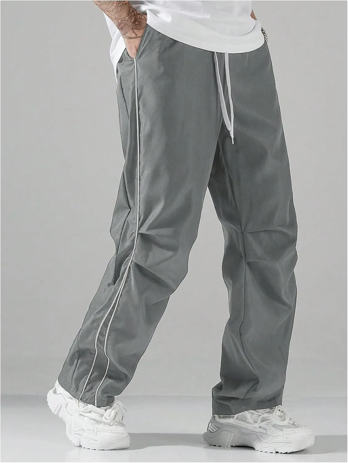 GORGLITTER Men's Lightweight Baggy Sweatpants Contrast Trim Letter Graphic Open Bottom Athletic Pants with Pockets