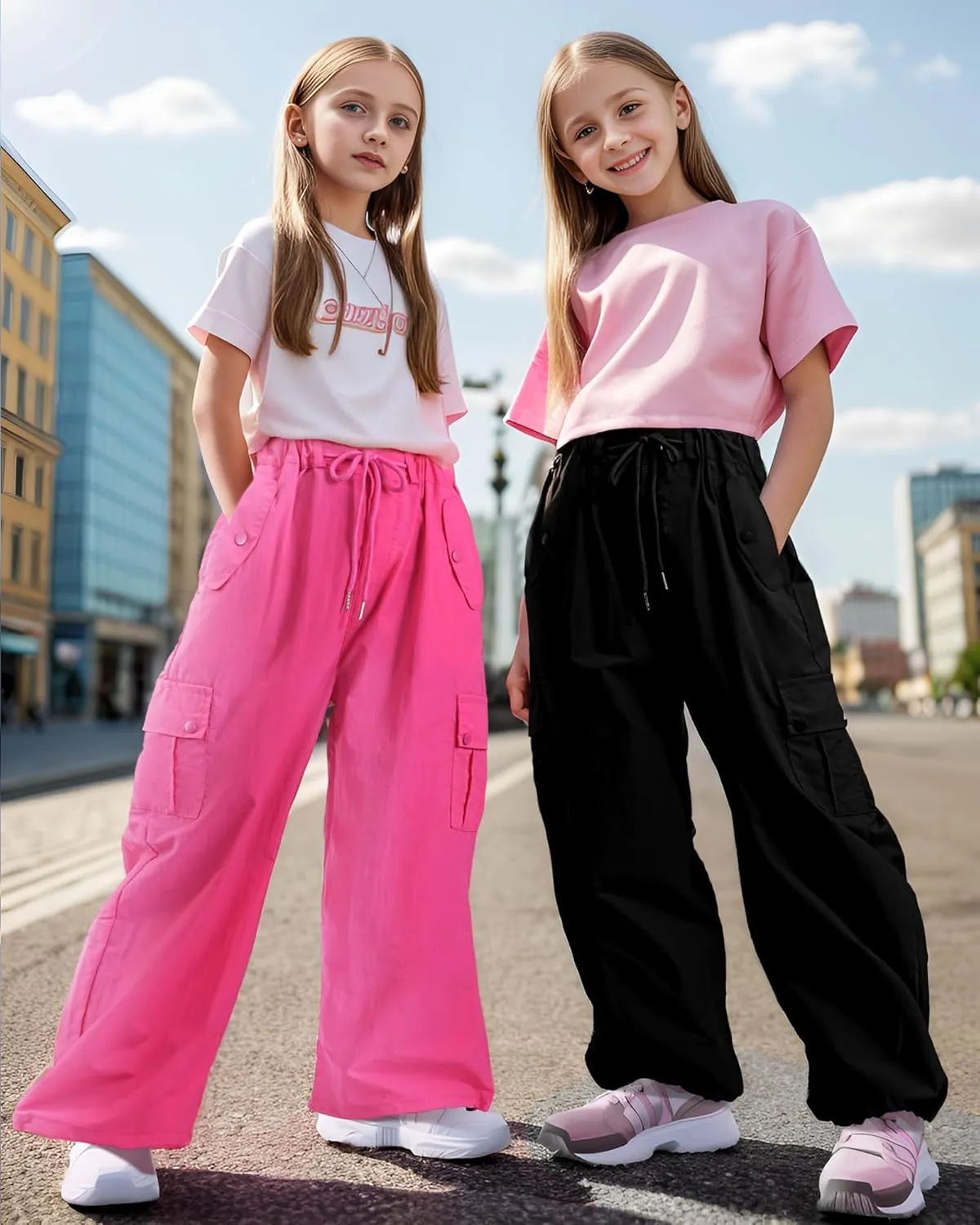 KEREDA Cargo Pants for Girls Parachute Baggy Joggers Pants Kids Clothes with Pockets 6-14Y