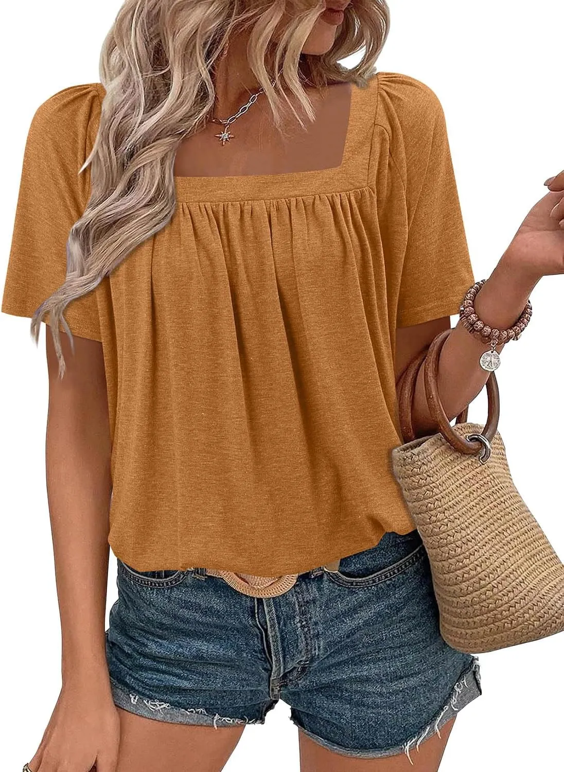 KISSMODA Womens Summer Tops 2025 Trendy Casual Short Sleeve Shirts Dressy Cute Pleated Loose Blouses S-3XL