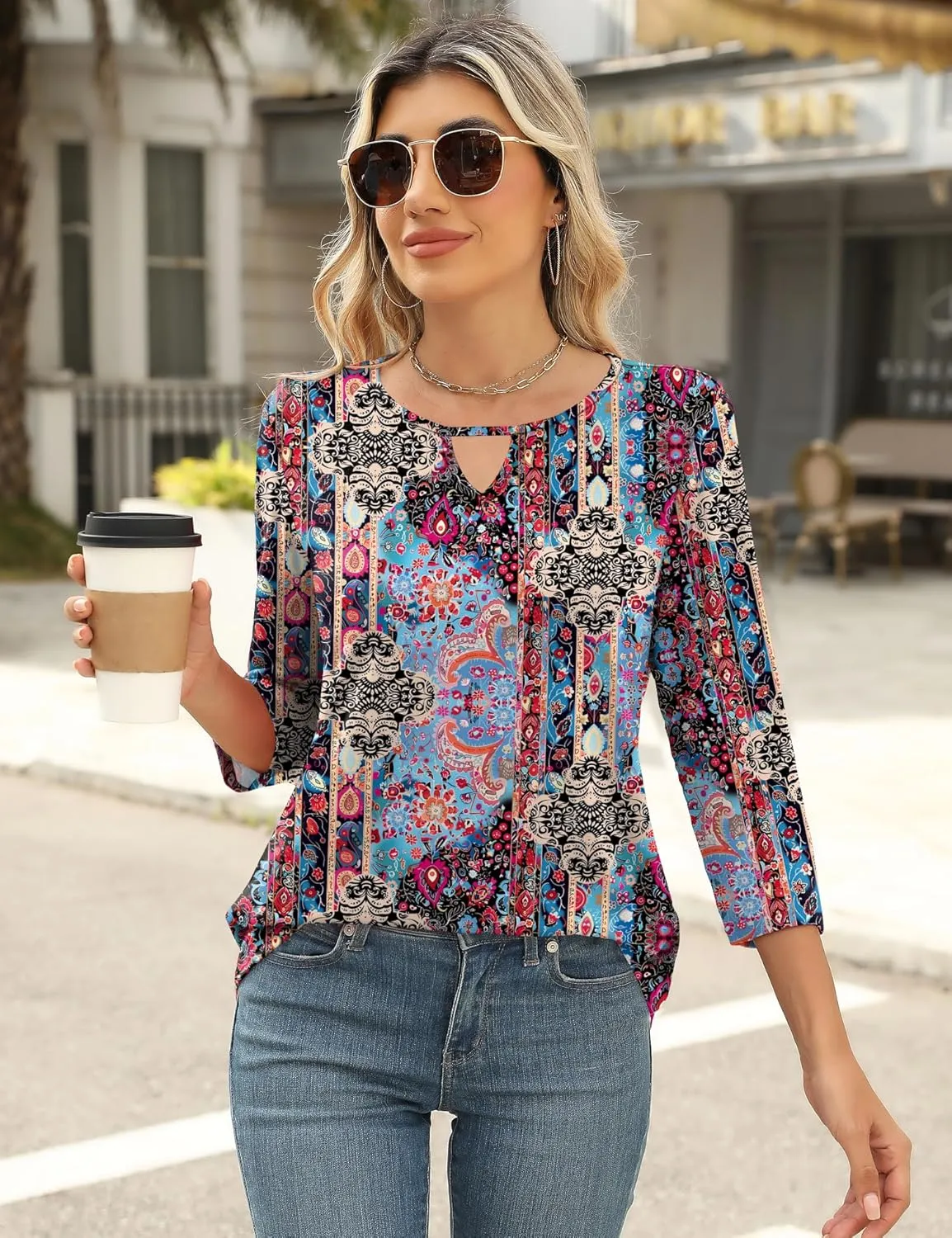 Romanstii 3/4 Length Sleeve Womens Tops Keyhole Crewneck Shirts Business Dressy Casual Tunic Blouses Summer Basic Tees
