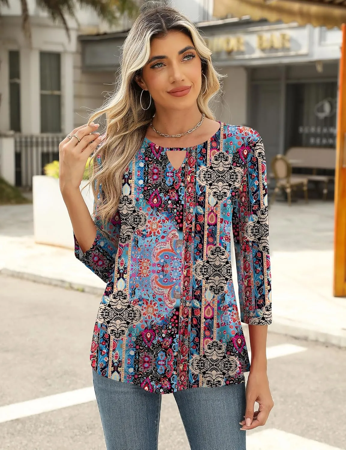 Romanstii 3/4 Length Sleeve Womens Tops Keyhole Crewneck Shirts Business Dressy Casual Tunic Blouses Summer Basic Tees