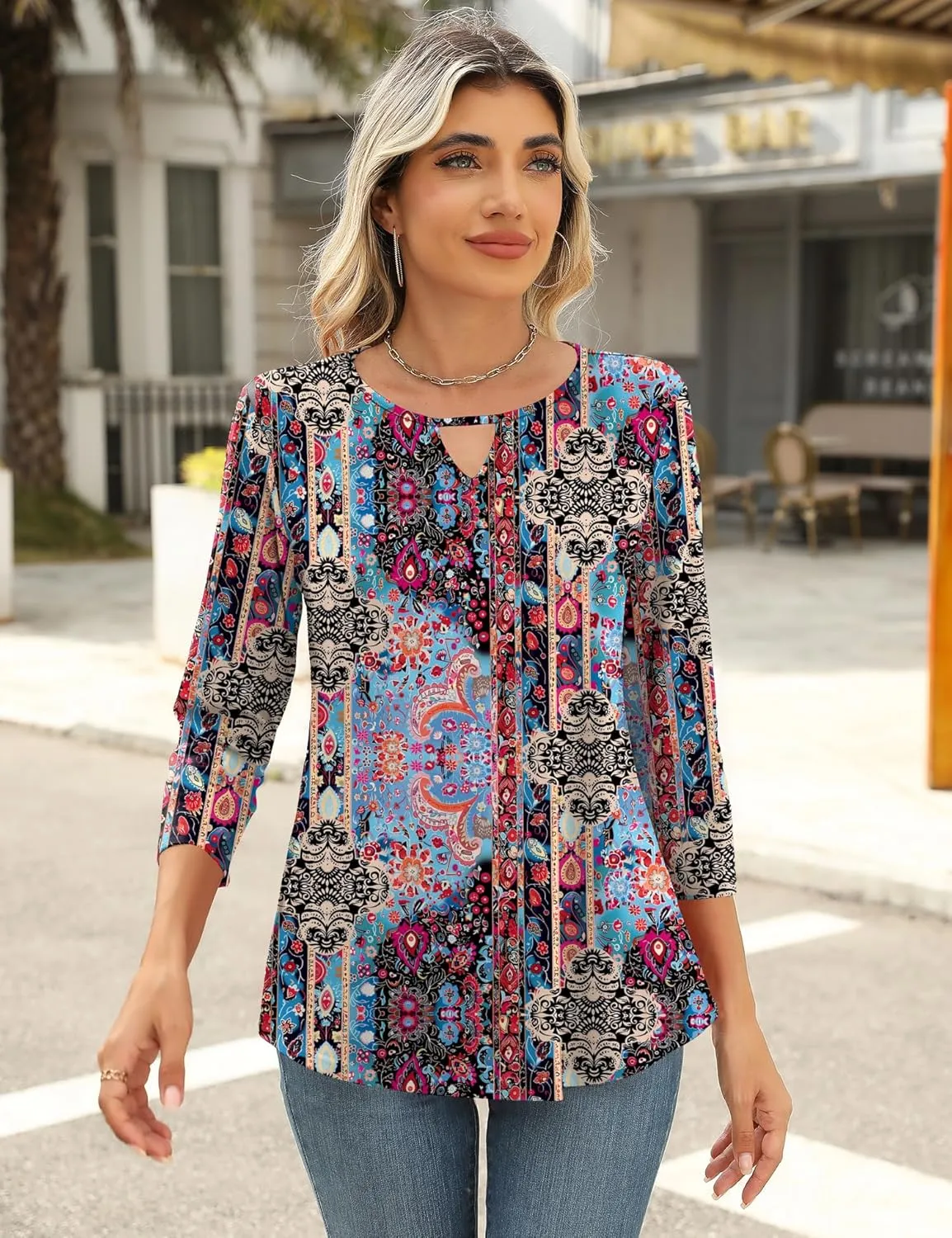 Romanstii 3/4 Length Sleeve Womens Tops Keyhole Crewneck Shirts Business Dressy Casual Tunic Blouses Summer Basic Tees