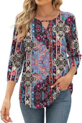 Romanstii 3/4 Length Sleeve Womens Tops Keyhole Crewneck Shirts Business Dressy Casual Tunic Blouses Summer Basic Tees
