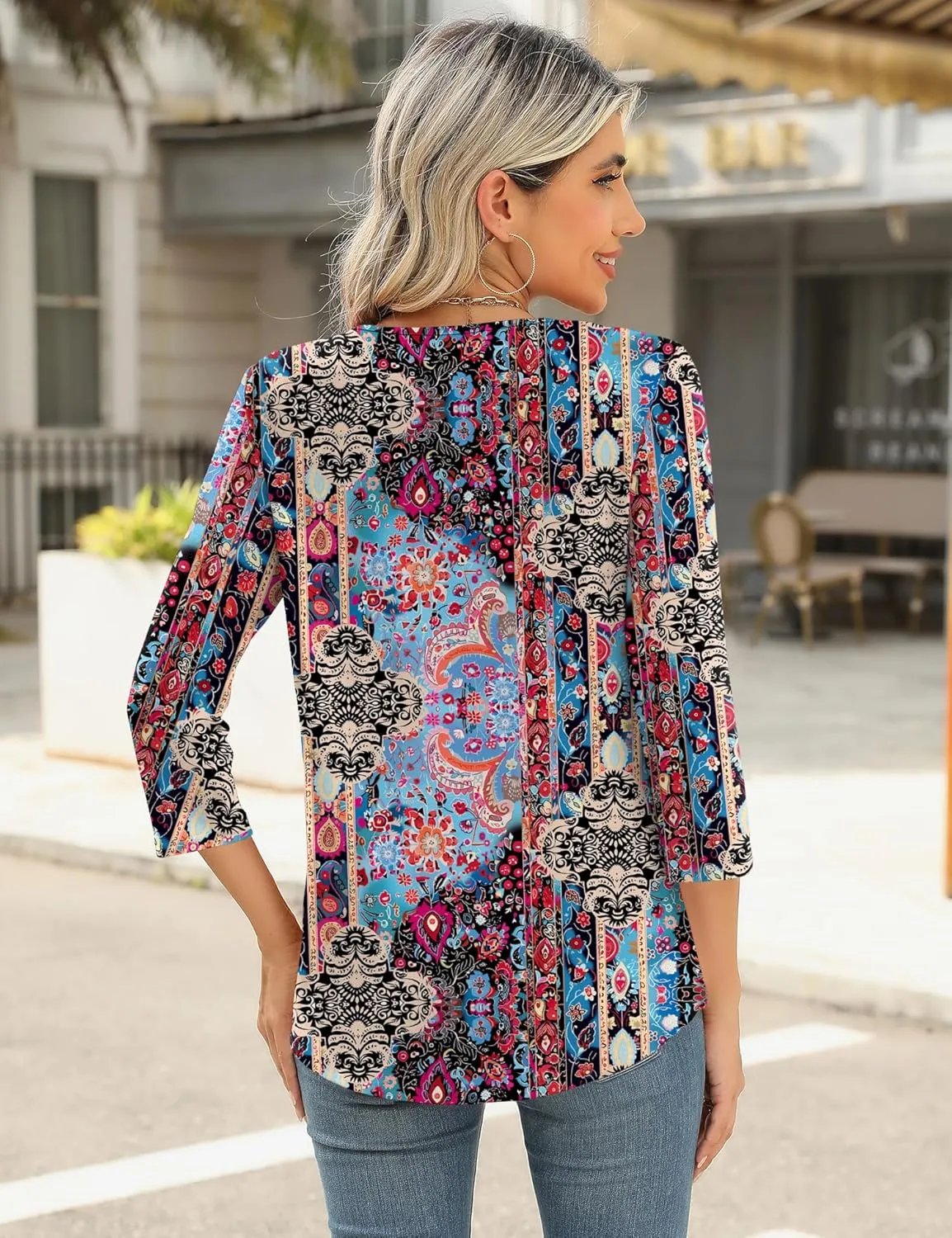 Romanstii 3/4 Length Sleeve Womens Tops Keyhole Crewneck Shirts Business Dressy Casual Tunic Blouses Summer Basic Tees