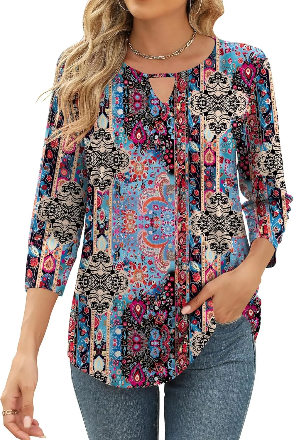 Romanstii 3/4 Length Sleeve Womens Tops Keyhole Crewneck Shirts Business Dressy Casual Tunic Blouses Summer Basic Tees