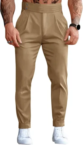 Runcati Mens Dress Pants Pleated Elastic Waist Chinos Trousers Work Suit Pants Slim Fit Slacks