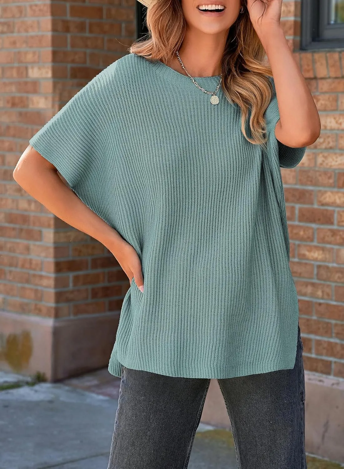 SHEWIN Womens Tops Crewneck Short Sleeve Sweater Causal Tunic Tops Lightweight Summer Sweaters for Women