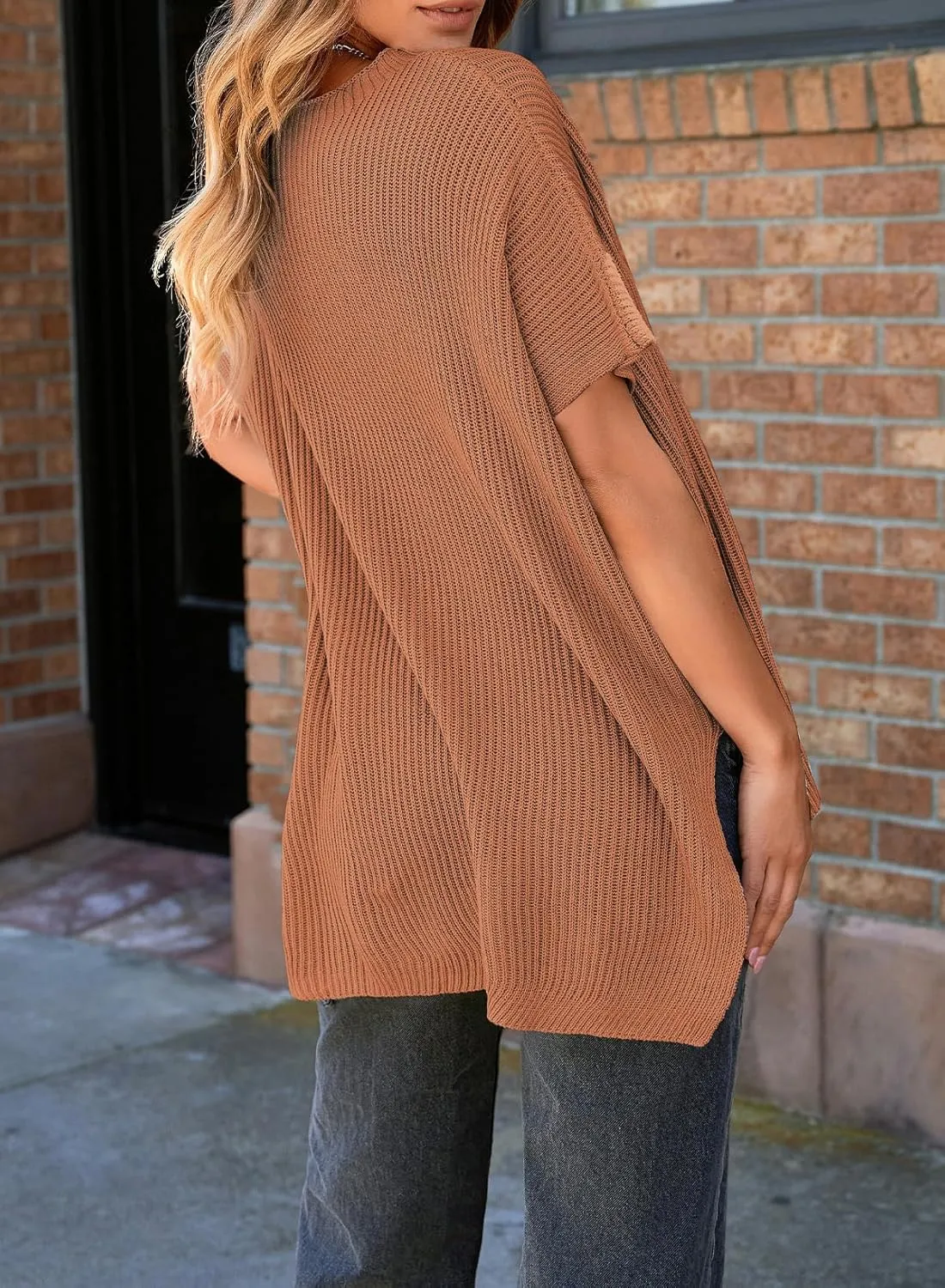 SHEWIN Womens Tops Crewneck Short Sleeve Sweater Causal Tunic Tops Lightweight Summer Sweaters for Women