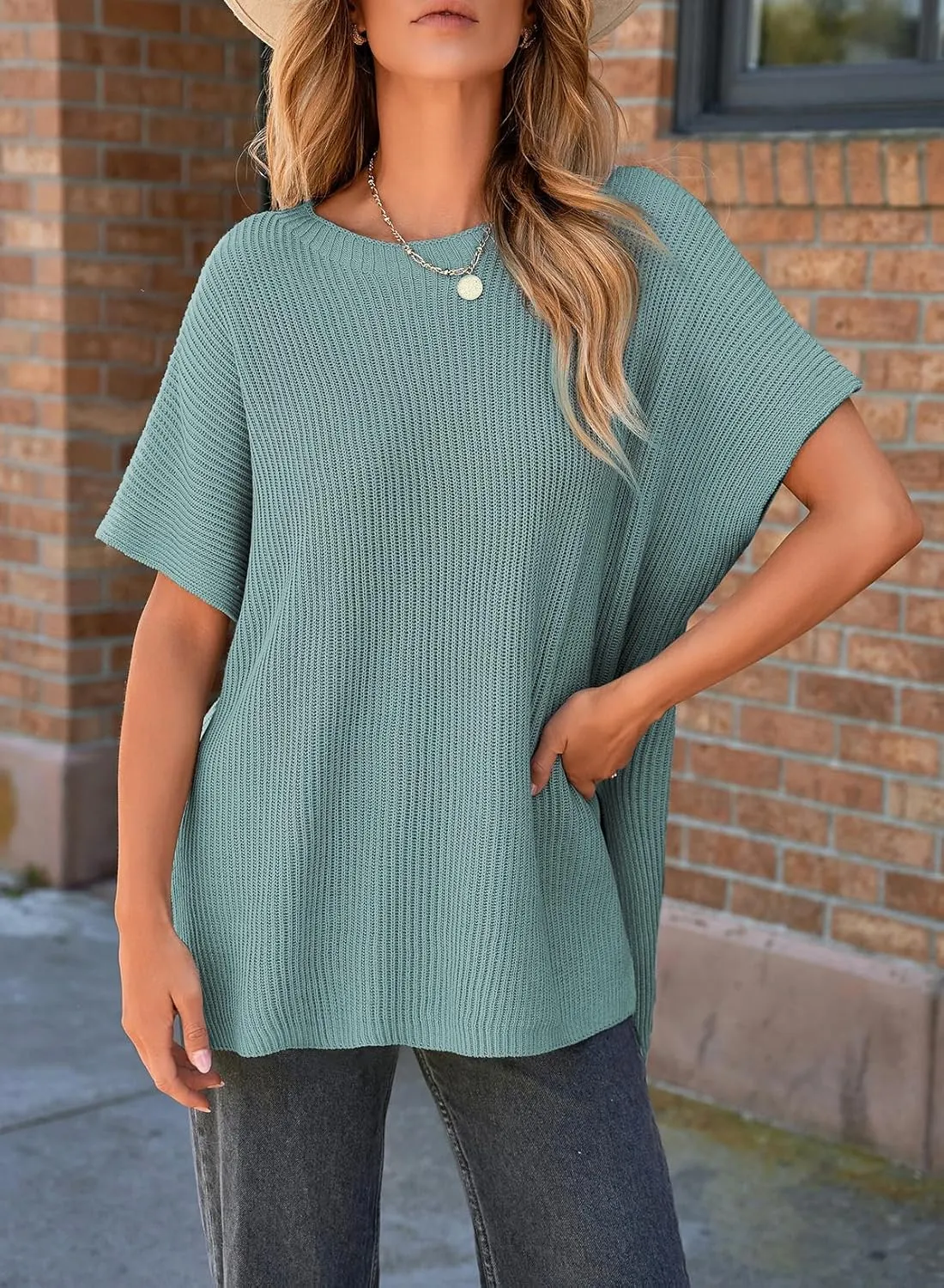 SHEWIN Womens Tops Crewneck Short Sleeve Sweater Causal Tunic Tops Lightweight Summer Sweaters for Women