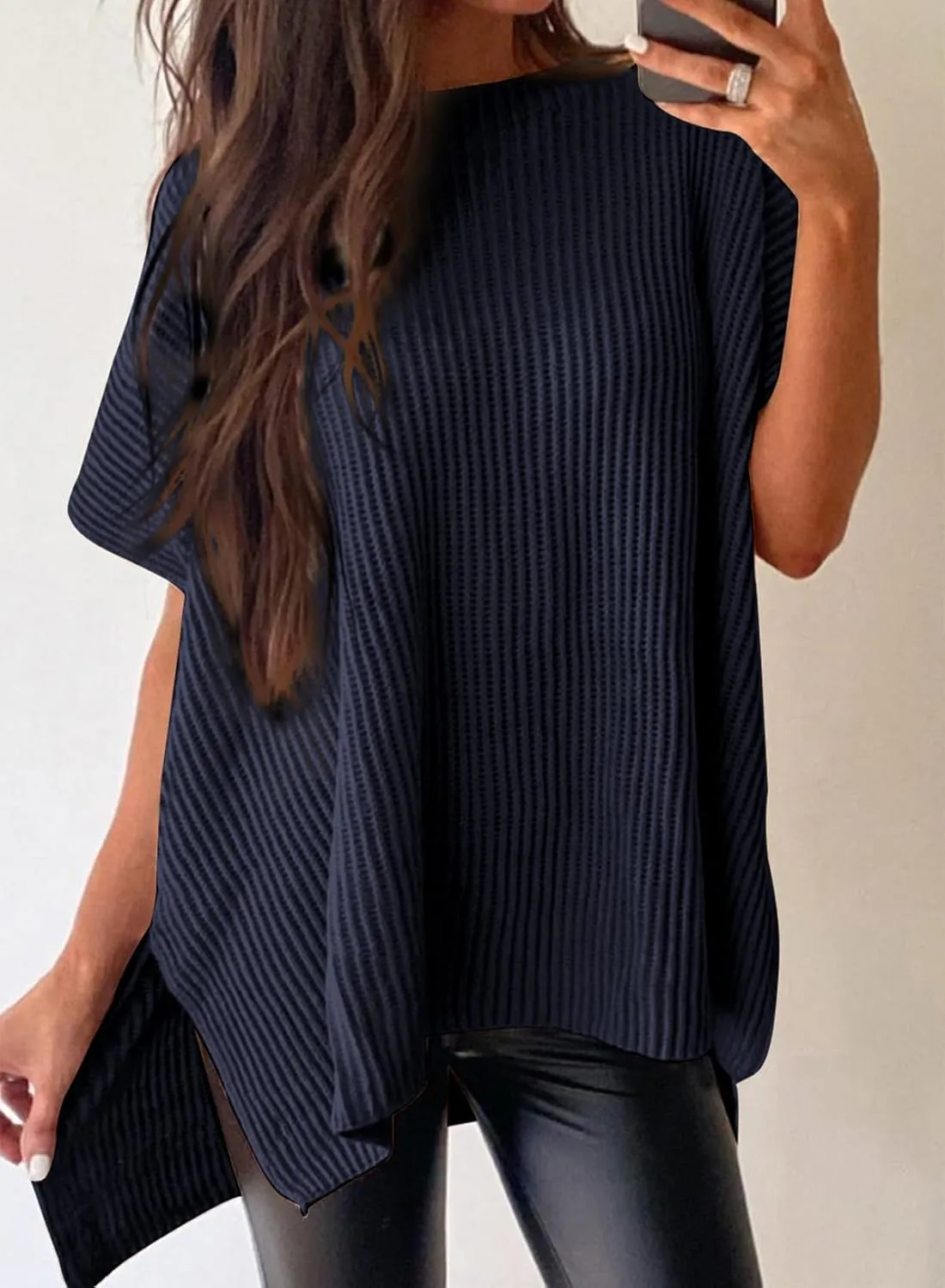 SHEWIN Womens Tops Crewneck Short Sleeve Sweater Causal Tunic Tops Lightweight Summer Sweaters for Women
