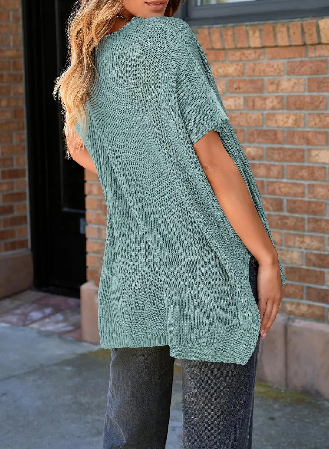 SHEWIN Womens Tops Crewneck Short Sleeve Sweater Causal Tunic Tops Lightweight Summer Sweaters for Women