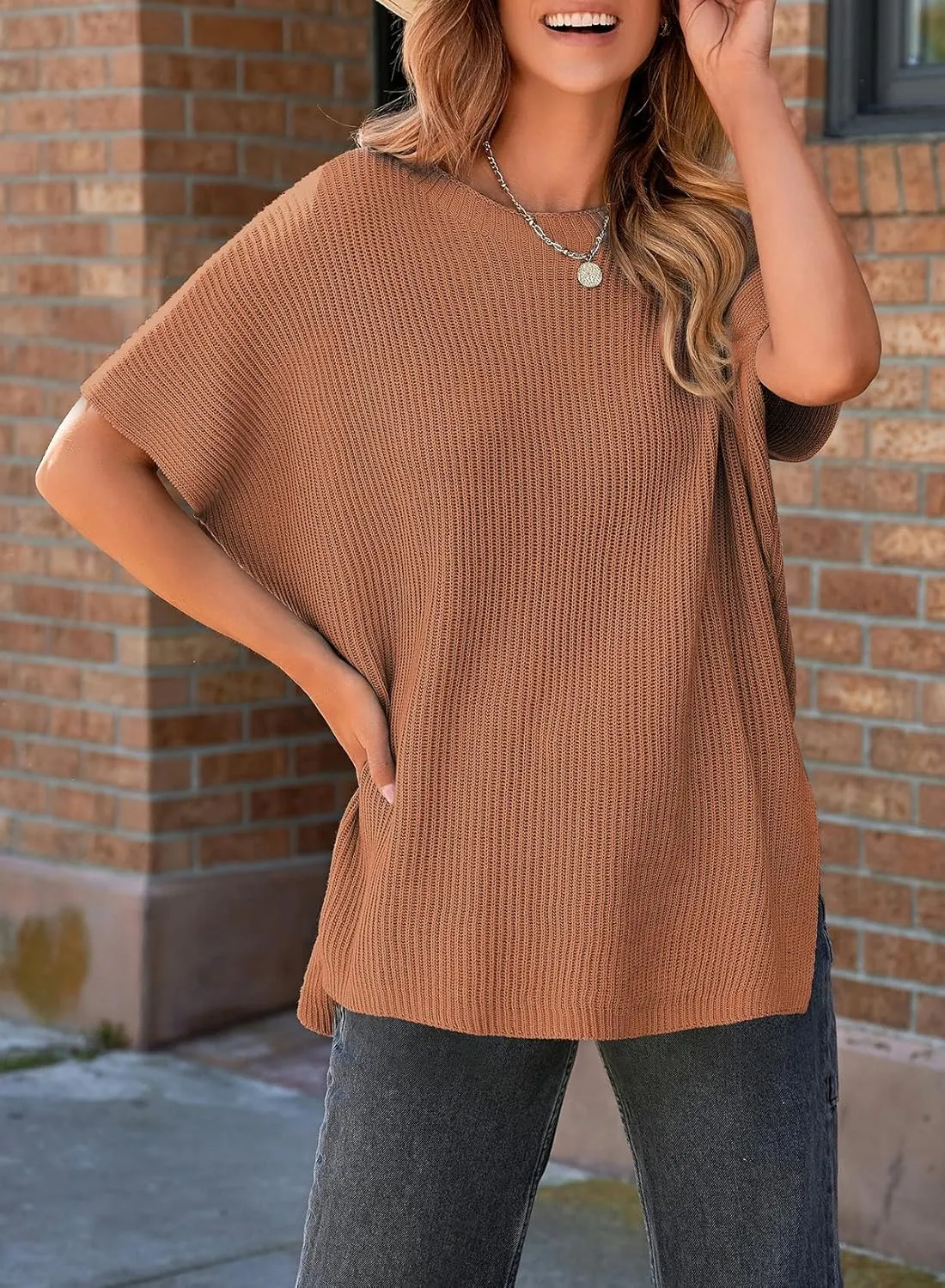 SHEWIN Womens Tops Crewneck Short Sleeve Sweater Causal Tunic Tops Lightweight Summer Sweaters for Women