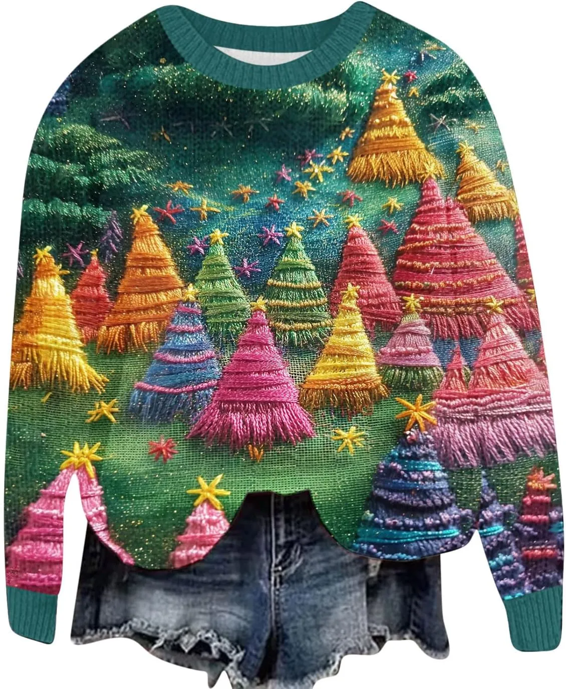 Ugly Christmas Sweater Women Funny Christmas Graphic Crewneck Long Sleeve Knit Sweatshirts Cute Xmas Holiday Pullover