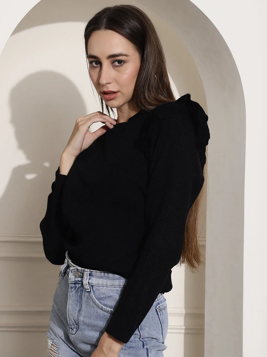 Women Black Ribbed Top With Frills