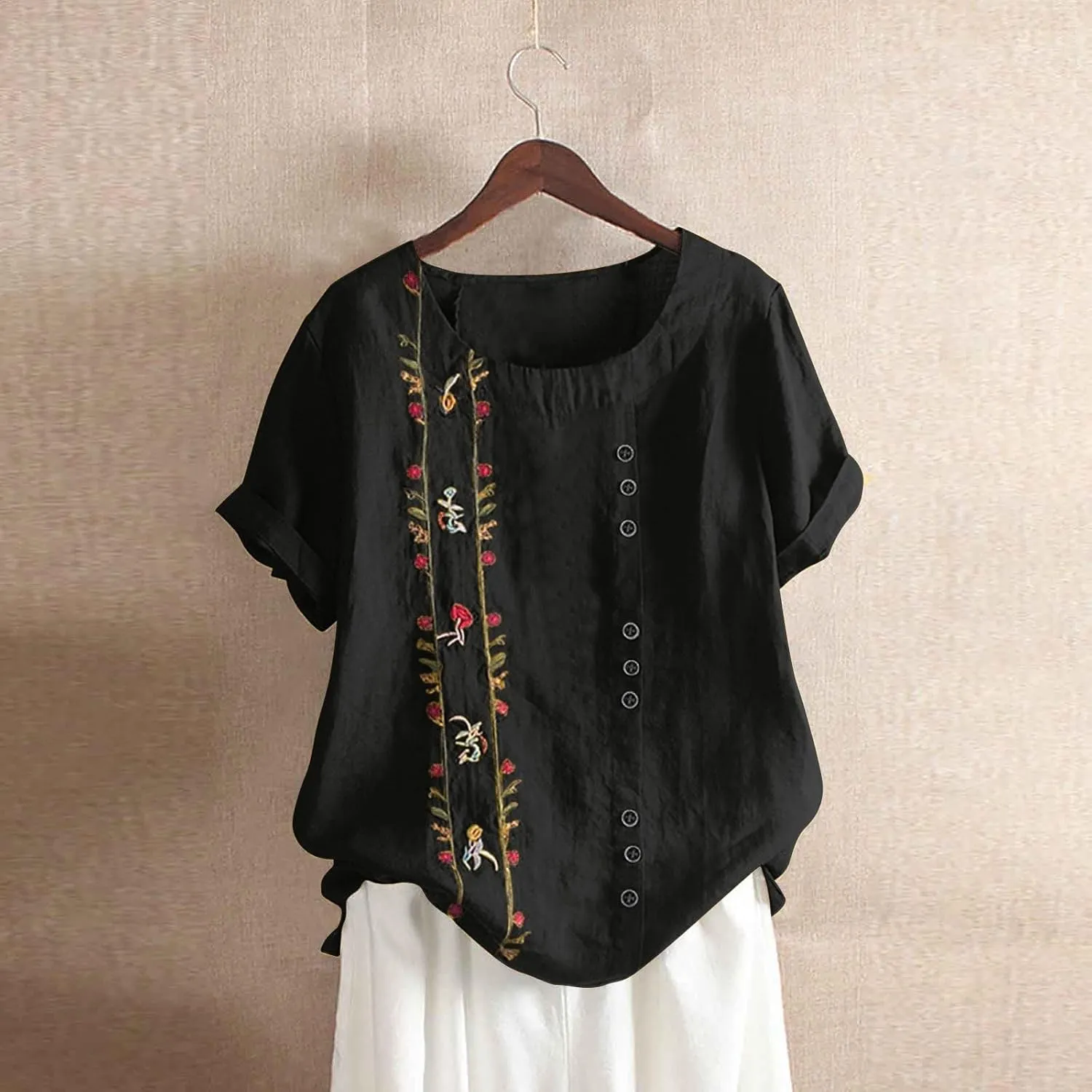 Women Cotton Tops Floral Women Plus Top Short Sleeves Embroidered Plus Size T-Shirts Hawaiian Boho Beach Blouse