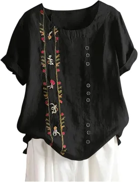 Women Cotton Tops Floral Women Plus Top Short Sleeves Embroidered Plus Size T-Shirts Hawaiian Boho Beach Blouse