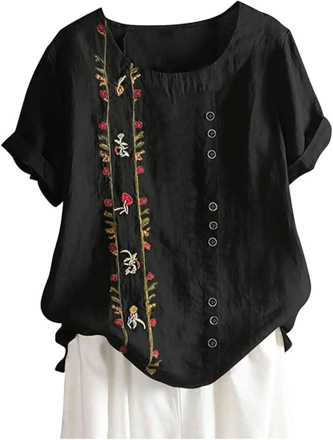 Women Cotton Tops Floral Women Plus Top Short Sleeves Embroidered Plus Size T-Shirts Hawaiian Boho Beach Blouse