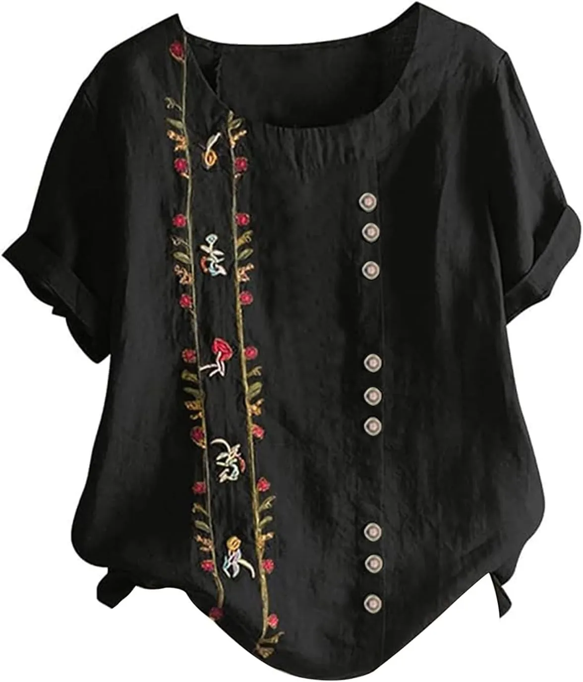 Women Cotton Tops Floral Women Plus Top Short Sleeves Embroidered Plus Size T-Shirts Hawaiian Boho Beach Blouse