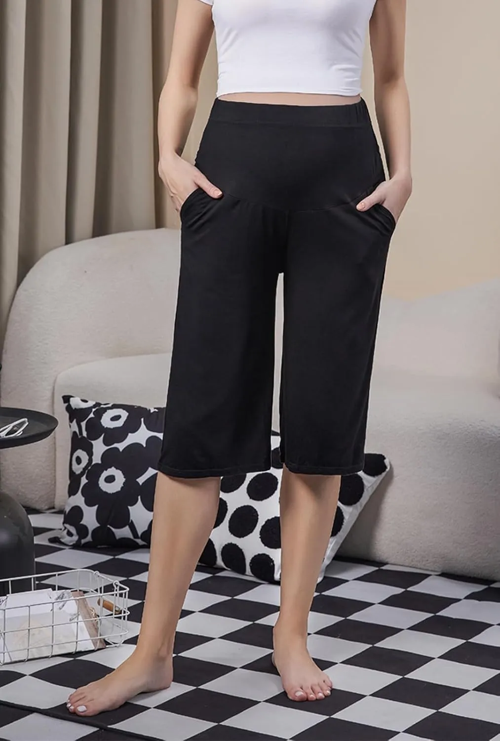 Women Maternity Capris Pregnancy Pants Soft Joggers Lounge Bottoms with Pockets