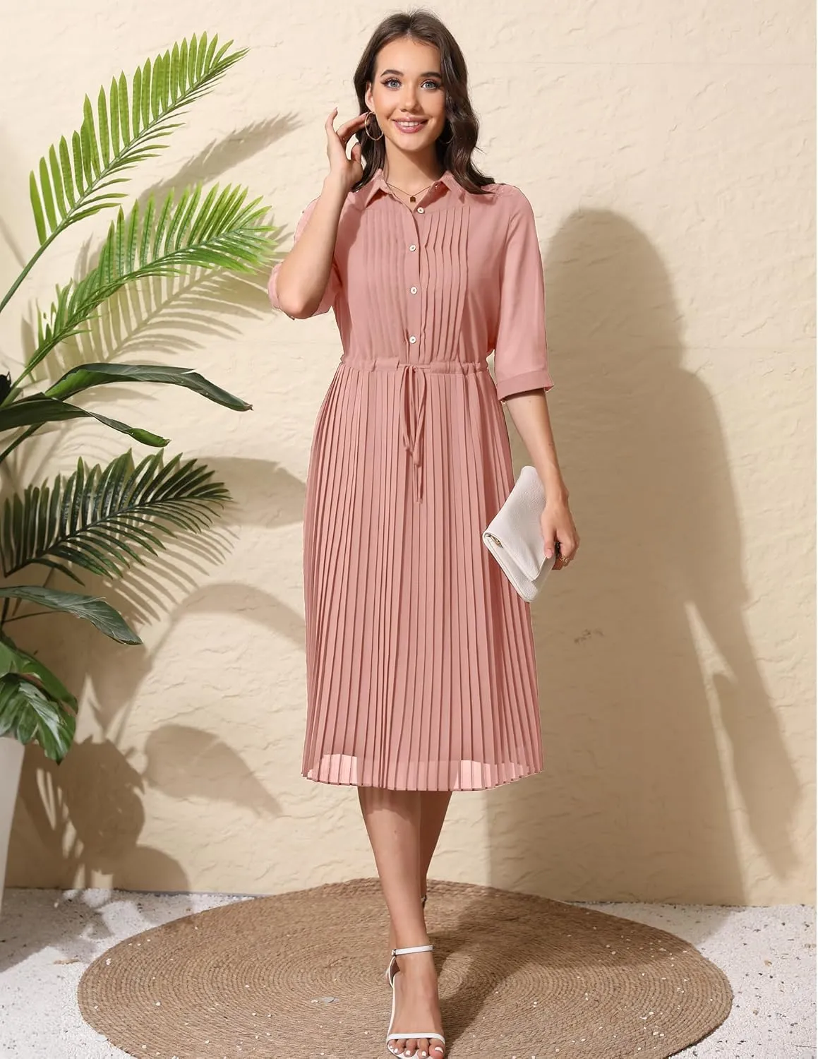 Women V Neck 3/4 Sleeve Pleated A-Line Dress with Belt Swing Midi Dresses for Spring Summer Autumn