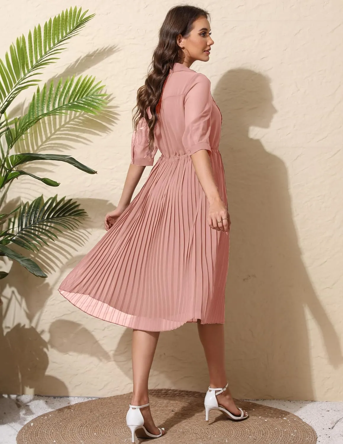 Women V Neck 3/4 Sleeve Pleated A-Line Dress with Belt Swing Midi Dresses for Spring Summer Autumn