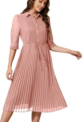 Women V Neck 3/4 Sleeve Pleated A-Line Dress with Belt Swing Midi Dresses for Spring Summer Autumn